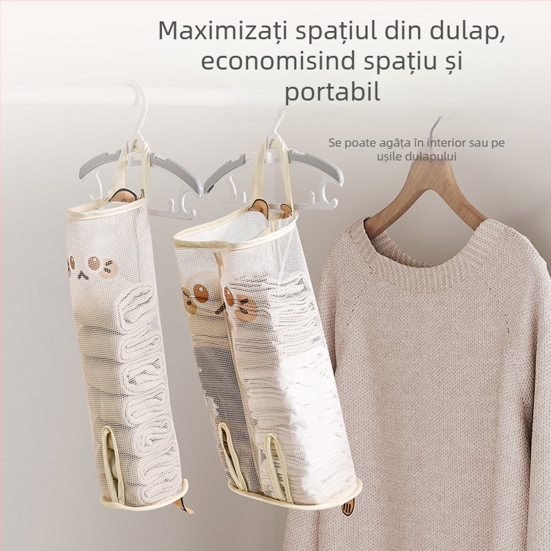 Organizator textil de depozitare pentru șosete și lenjerie, cu buzunar din plasă — agățat pe perete, dormitor