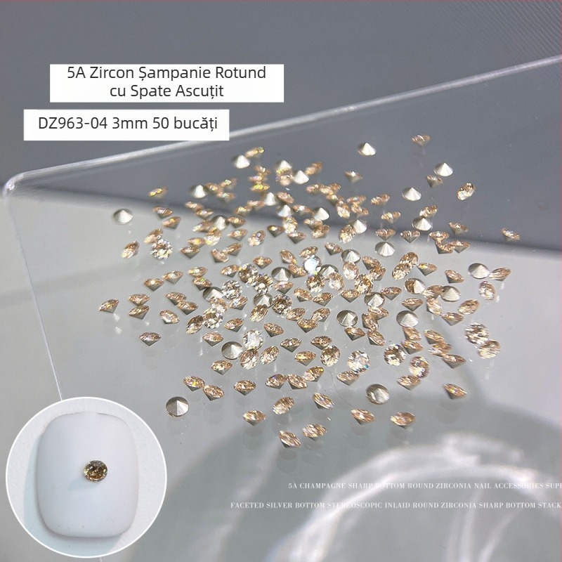 Cristale zircon pentru unghii, în vrac, 5A, mini șampanie, pietre rotunde cu bază ascuțită, pietre cu fațete multiple pentru decorarea unghiilor