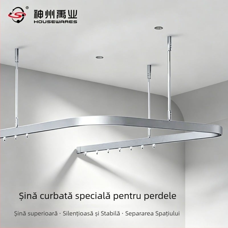 Set complet de șine pentru perdele spitalicești: șine curbate din aliaj de aluminiu, ghidaje, șine rulante și tije de suspendare