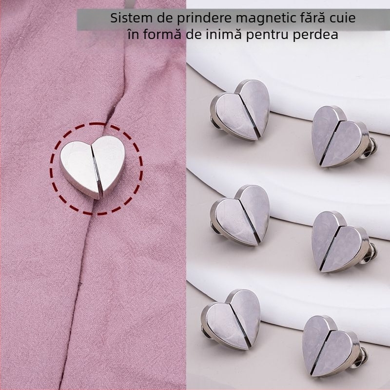 Încuietoare nouă pentru perdea în formă de inimă, cu magnet metalic, fără găuri, închidere magnetică puternică, accesoriu detașabil pentru perdele