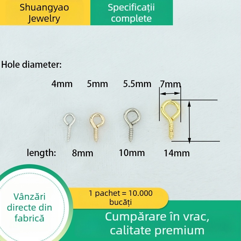 Componente metalice pentru bijuterii DIY: pini cu ochi, pini unghiulari, șuruburi cu ochi, 10 mm, dimensiuni variate