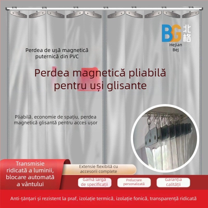 Cortină de ușă transparentă pliabilă pentru depozit, protecție împotriva prafului și separator pentru atelier, deschidere dublă, șină glisantă, PVC