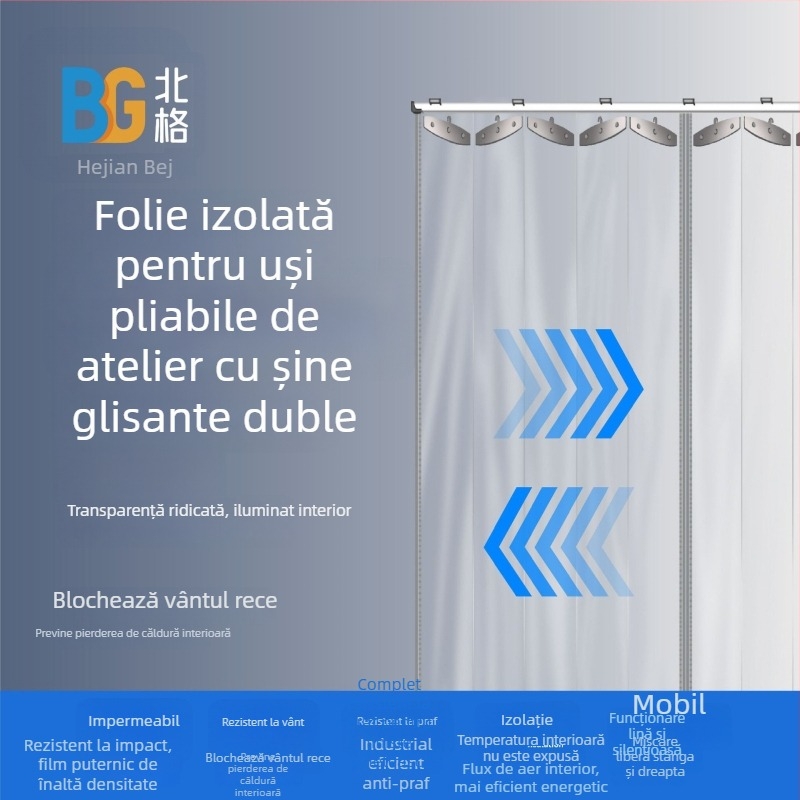 Cortină de ușă transparentă pliabilă pentru depozit, protecție împotriva prafului și separator pentru atelier, deschidere dublă, șină glisantă, PVC