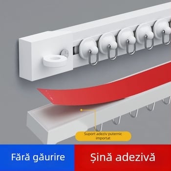 Șină de draperii fără găuri, montaj pe plafon, silențioasă, ultra-subțire, accesorii cu role adezive și șină adezivă, bară pentru perdele