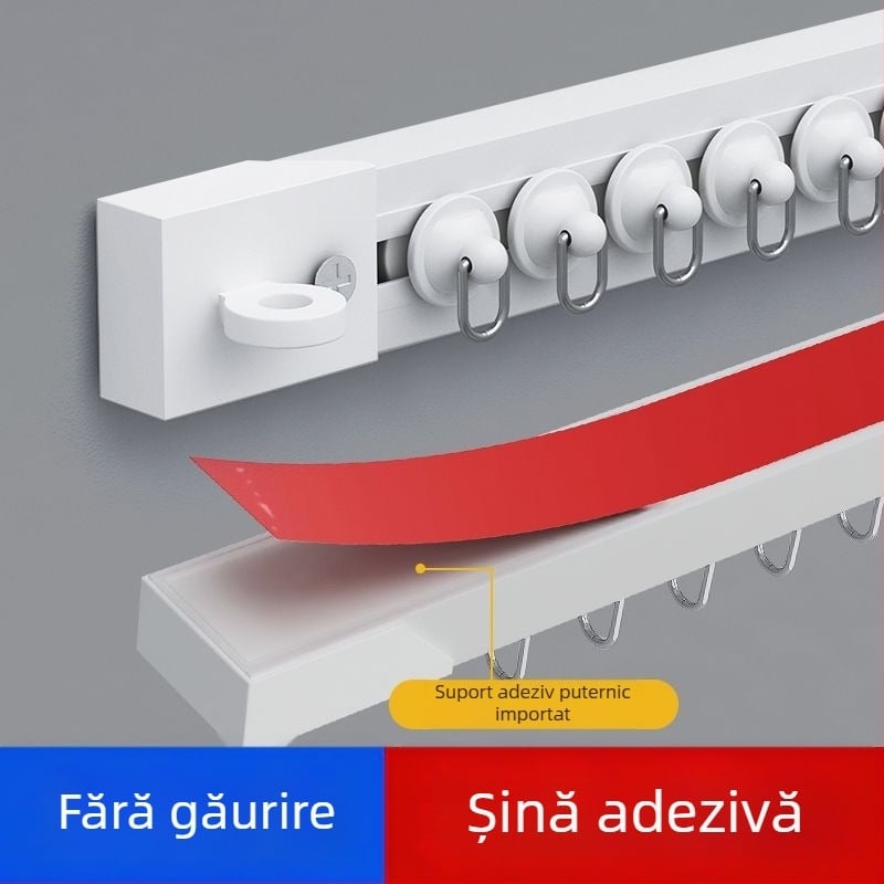 Șină de draperii fără găuri, montaj pe plafon, silențioasă, ultra-subțire, accesorii cu role adezive și șină adezivă, bară pentru perdele