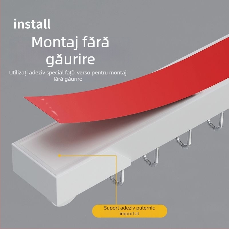 Șină de draperii fără găuri, montaj pe plafon, silențioasă, ultra-subțire, accesorii cu role adezive și șină adezivă, bară pentru perdele