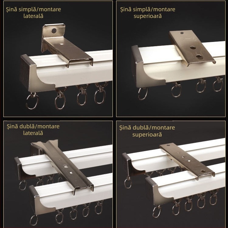 Șină de perdea din aluminiu cu profil extra gros, montaj superior sau lateral, șină dreaptă simplă sau dublă, cu accesorii