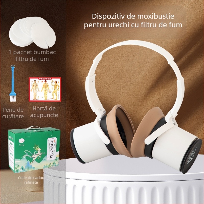 Dispozitiv de moxibustie pentru urechi, pentru uz casnic, instrument portabil de terapie a urechilor, cutie de moxibustie pentru punctul Baihui de pe cap, protecții pentru urechi și echipament de moxibustie