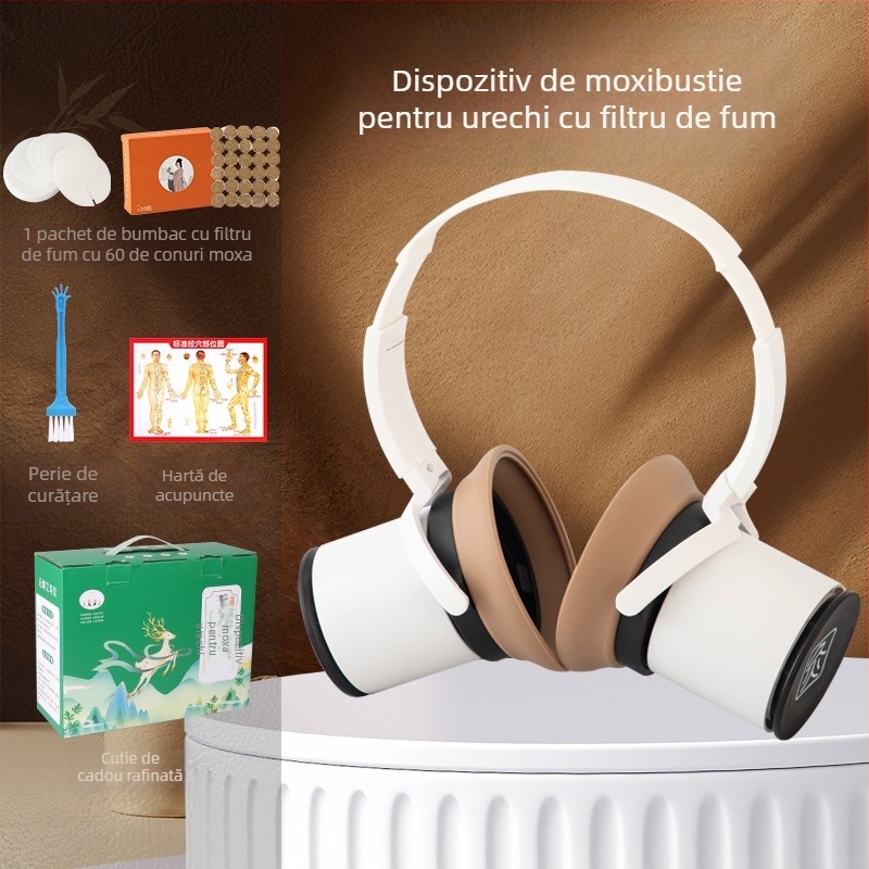 Dispozitiv de moxibustie pentru urechi, pentru uz casnic, instrument portabil de terapie a urechilor, cutie de moxibustie pentru punctul Baihui de pe cap, protecții pentru urechi și echipament de moxibustie