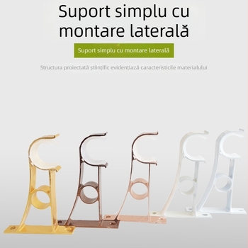 Suport pentru bară de perdele din aliaj de aluminiu, cu bază montată lateral și cârlige pentru o singură bară