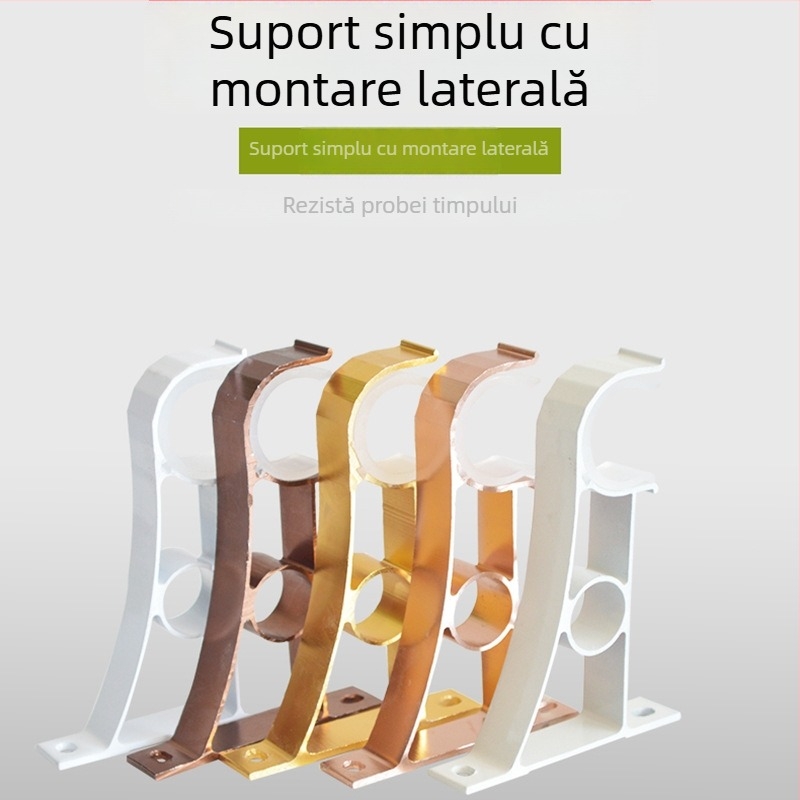 Suport pentru bară de perdele din aliaj de aluminiu, cu bază montată lateral și cârlige pentru o singură bară