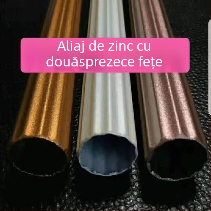 Bară pentru perdea Roman, din aliaj de zinc, profil cu 12 laturi; finisaje: aur galben, aur roz, roșu vin; culori: alb, alb filde, alb cristalin