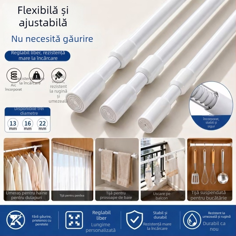 Bară telescopică fără găuri pentru uscat haine, perdele de duș și de ușă, accesorii de agățat bucătărie, bară romană și bară pentru perdele, stil modern minimalist