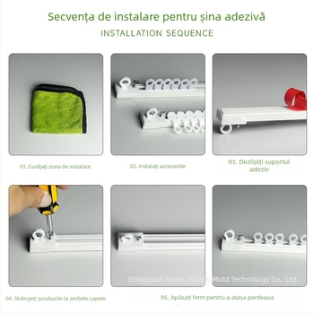 Sistem de șine pentru perdea, montaj fără găuri, cu șine de alunecare și role, pentru șine simple sau duble, montaj lateral sau superior, șină autoadezivă pentru perdea