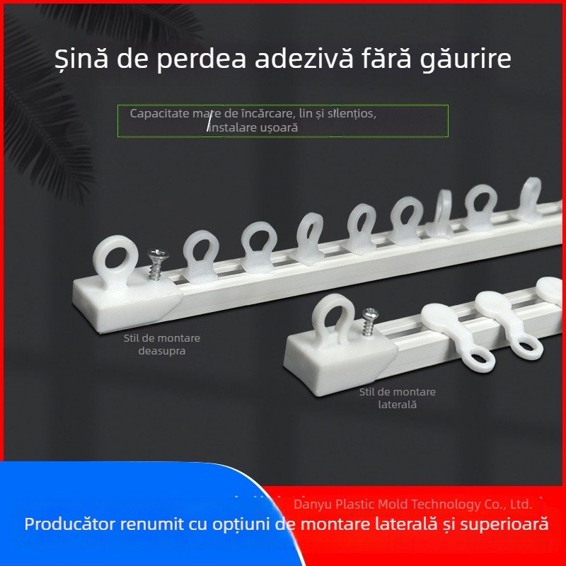Sistem de șine pentru perdea, montaj fără găuri, cu șine de alunecare și role, pentru șine simple sau duble, montaj lateral sau superior, șină autoadezivă pentru perdea