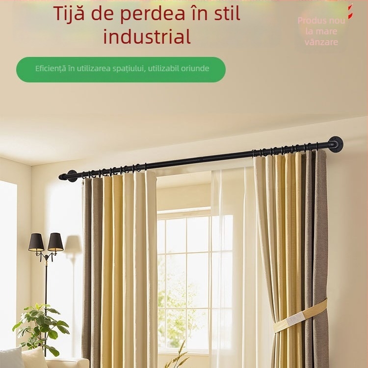 Bară pentru perdele în stil industrial, 18-240 inch, bară romană pentru perdele, ușor de asamblat și dezasamblat, din oțel negru.