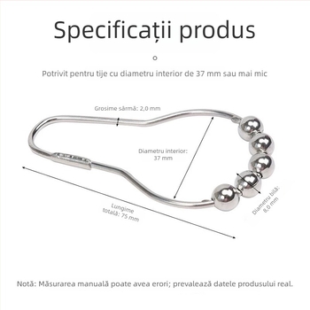 Cârlige pentru perdea de duș din oțel inoxidabil, negru, cu cinci mărgele, set de 12 bucăți
