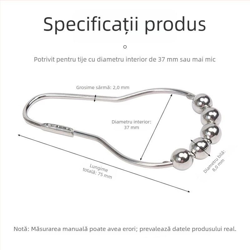 Cârlige pentru perdea de duș din oțel inoxidabil, negru, cu cinci mărgele, set de 12 bucăți