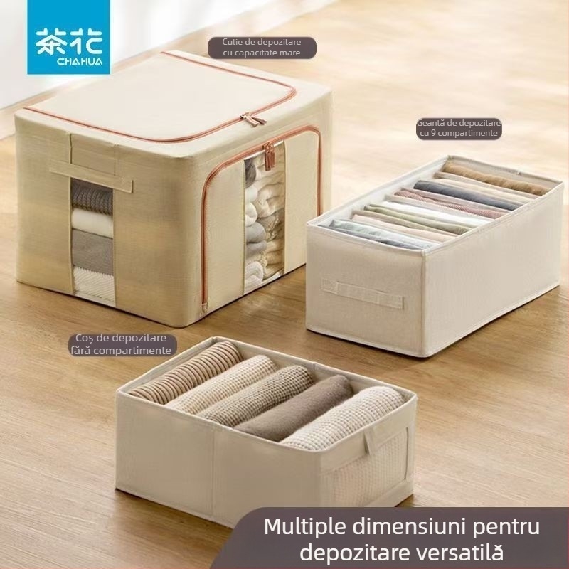 Cutie de depozitare Camellia din țesătură cu cadru din oțel, capac robust, compartiment vizibil, pliabil