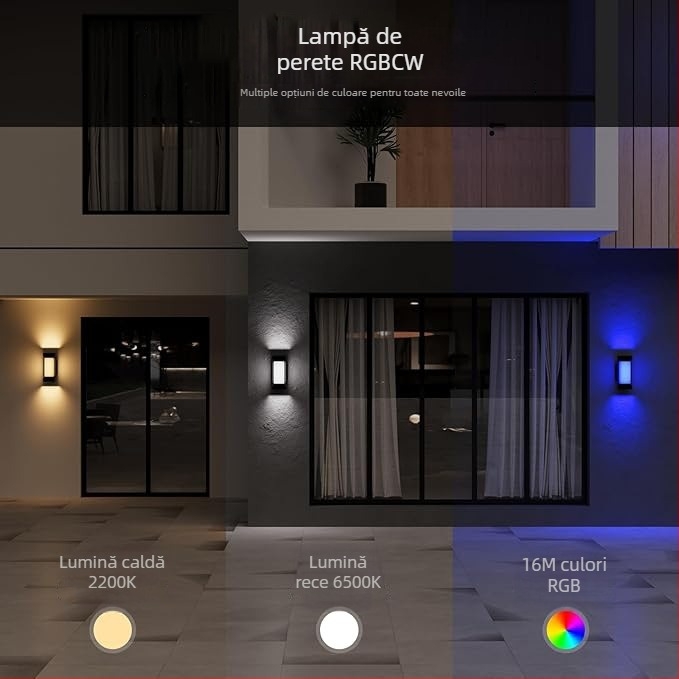 Lampa de perete exterior, LED rezistent la apă, pentru curte și scări, controlată prin aplicație, reglabilă