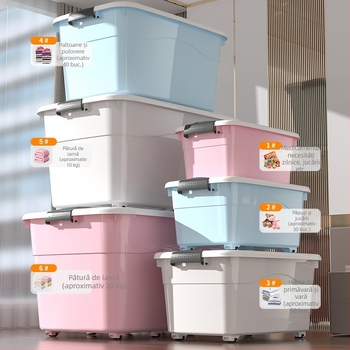 Cutie de depozitare din plastic, extra mare, cu capac și roți, protecție la praf, pentru haine, gustări și alte obiecte