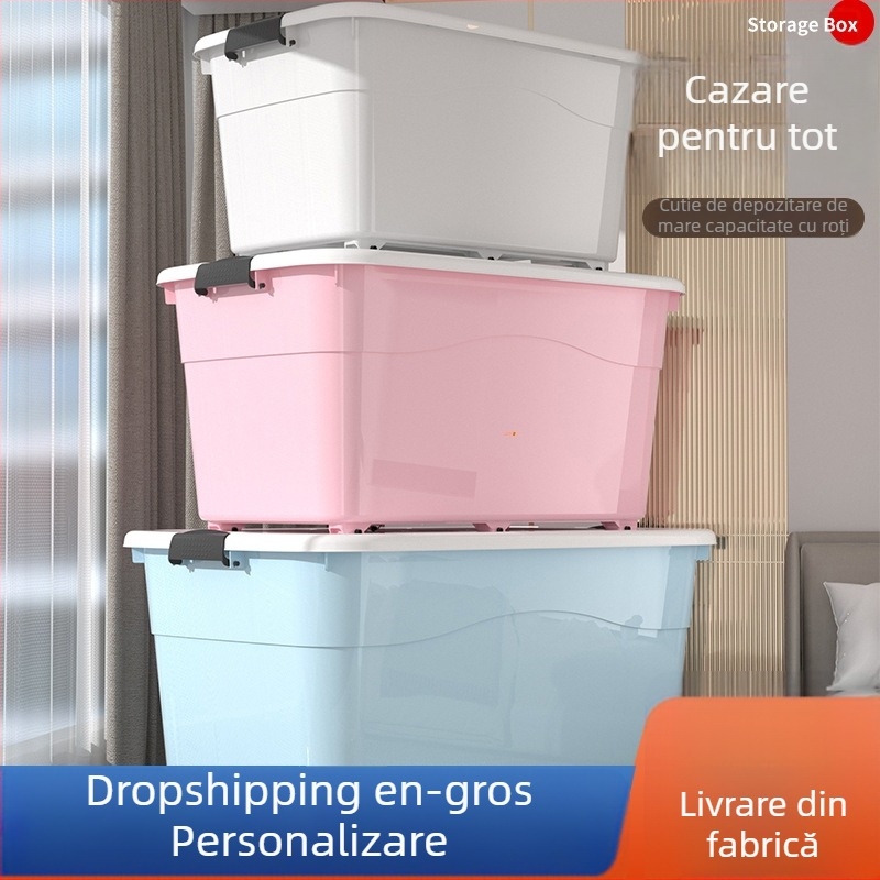 Cutie de depozitare din plastic, extra mare, cu capac și roți, protecție la praf, pentru haine, gustări și alte obiecte