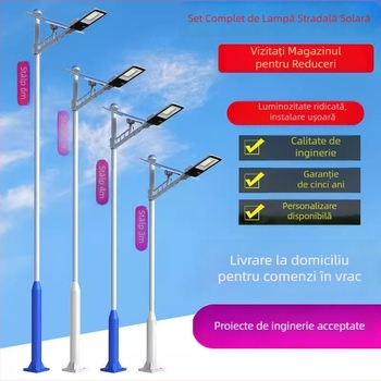 LED lampă stradală solară cu lanternă de perete exterior integrată, iluminare rutieră IP65, înălțime 6 m, lampă de grădină rurală
