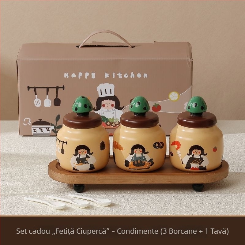 Set drăguț de condimente pentru bucătărie cu borcănele ceramice pentru sare și ardei iute, într-o cutie