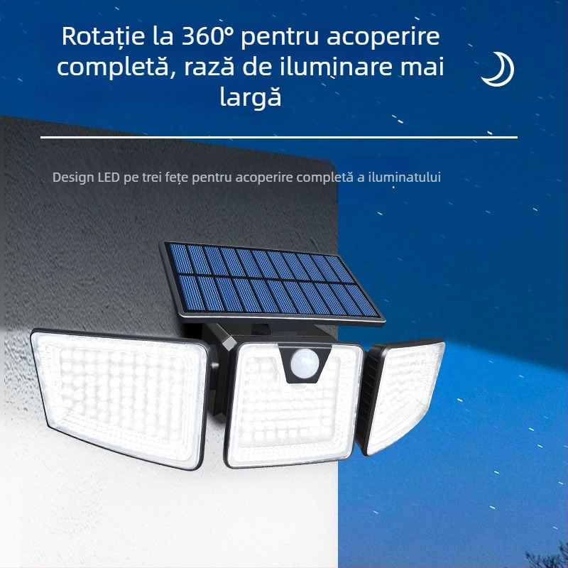 Lampa de perete cu LED solar cu trei brațe, senzor de mișcare, pentru curte exterioară, IP65, 5.5W