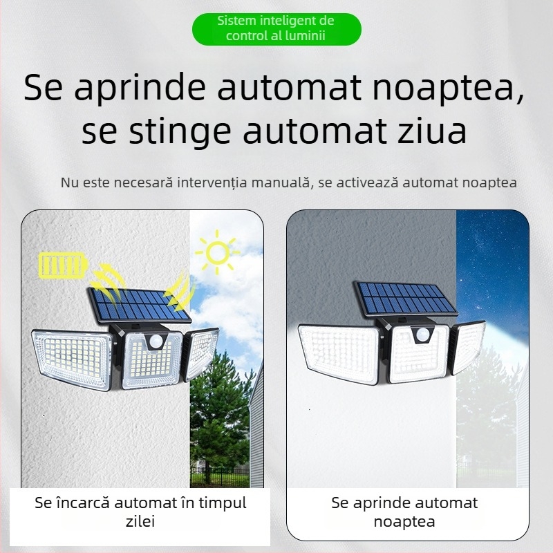 Lampa de perete cu LED solar cu trei brațe, senzor de mișcare, pentru curte exterioară, IP65, 5.5W
