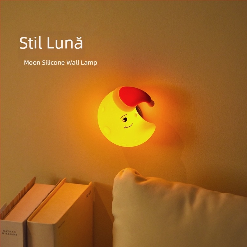Mini lampă de noapte magnetică, din silicon, cu design lună, stea și nor – USB, lampă de perete pentru cămin studențesc, personalizabil