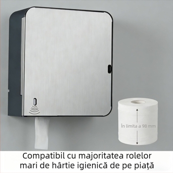 Dispenser de hârtie igienică din oțel inoxidabil 304, senzor, reglaj în patru poziții pentru role mari, montaj pe perete