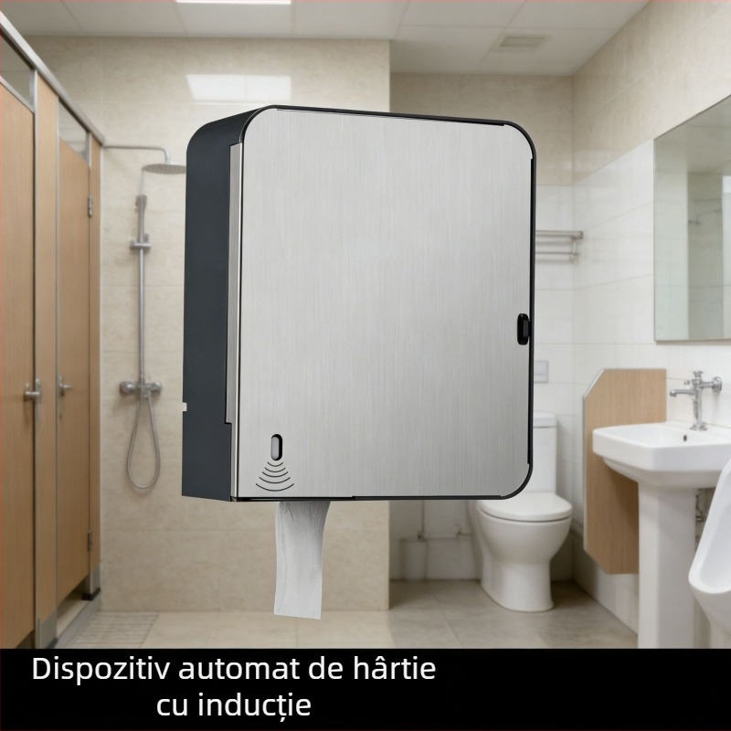 Dispenser de hârtie igienică din oțel inoxidabil 304, senzor, reglaj în patru poziții pentru role mari, montaj pe perete