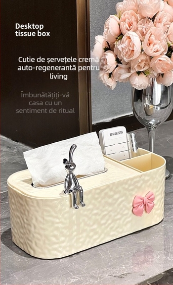 Cutie de șervete premium pentru living, crem, design elegant pentru masă de cafea, depozitare multifuncțională pentru telecomenzi.