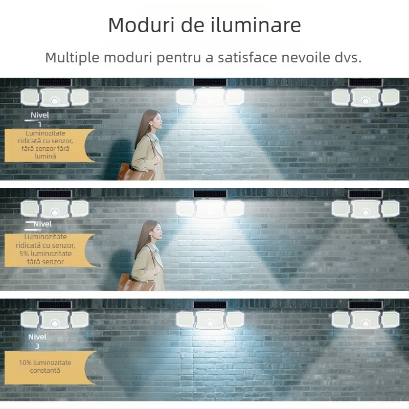 Lampa solară pentru grădină, personalizată, cu trei brațe, senzor exterior – lampă de perete pentru grădină, dreptunghiulară, impermeabilă
