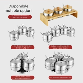 Recipient pentru condimente din oțel inoxidabil 304, design arc-bridge rotativ, suport de bucătărie cu cadru din lemn, recipient alimentar pentru zahăr și sare