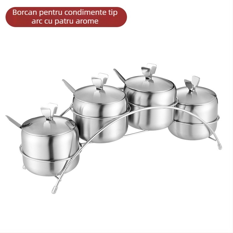 Recipient pentru condimente din oțel inoxidabil 304, design arc-bridge rotativ, suport de bucătărie cu cadru din lemn, recipient alimentar pentru zahăr și sare