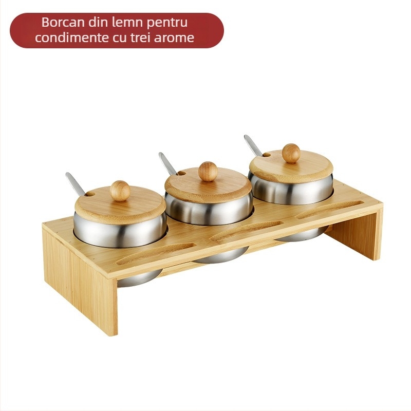 Recipient pentru condimente din oțel inoxidabil 304, design arc-bridge rotativ, suport de bucătărie cu cadru din lemn, recipient alimentar pentru zahăr și sare