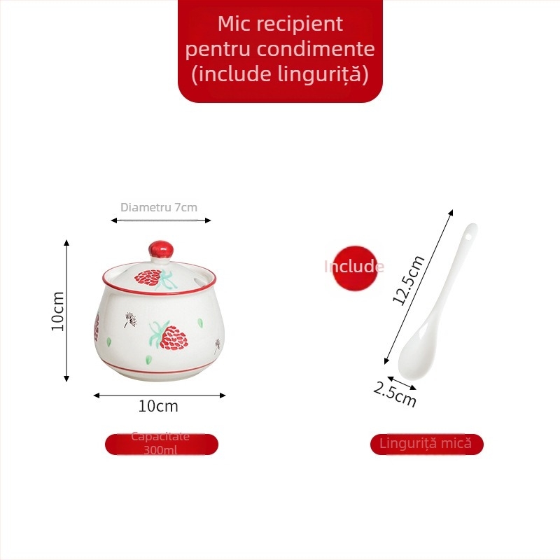 Set ceramic pentru condimente de bucătărie – borcan cu slanină cu căpșuni, borcan de sare, borcan cu ulei de carne, borcan pentru ulei cu ardei iute, borcan pentru condimente
