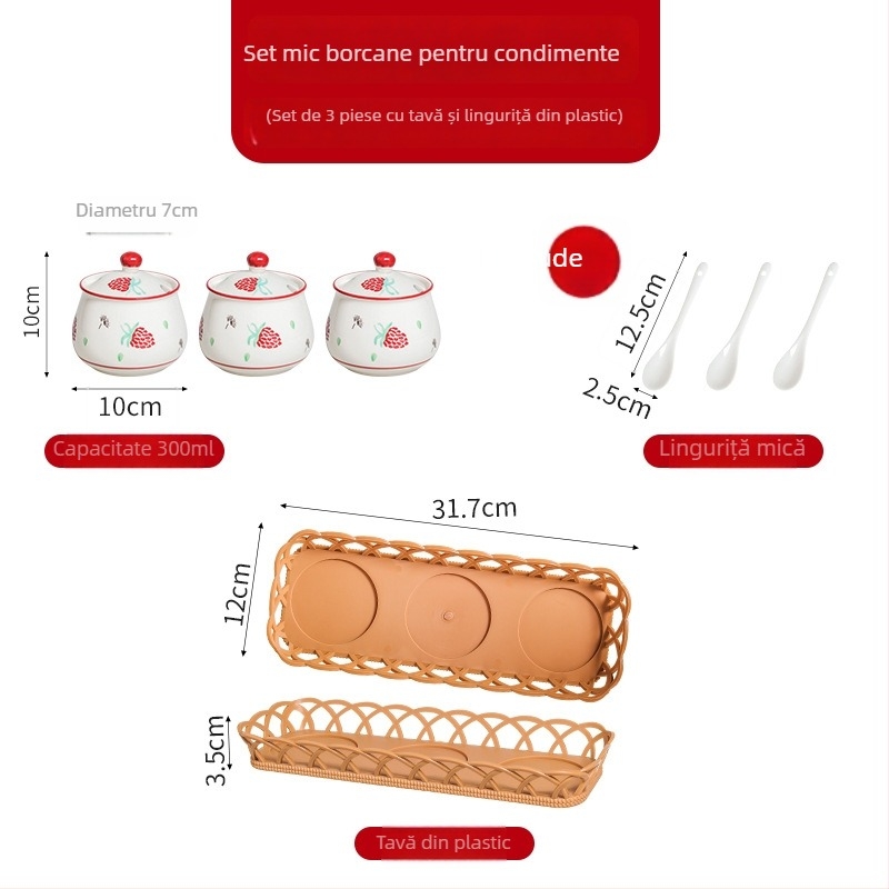 Set ceramic pentru condimente de bucătărie – borcan cu slanină cu căpșuni, borcan de sare, borcan cu ulei de carne, borcan pentru ulei cu ardei iute, borcan pentru condimente