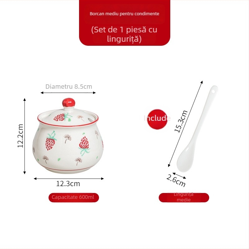 Set ceramic pentru condimente de bucătărie – borcan cu slanină cu căpșuni, borcan de sare, borcan cu ulei de carne, borcan pentru ulei cu ardei iute, borcan pentru condimente
