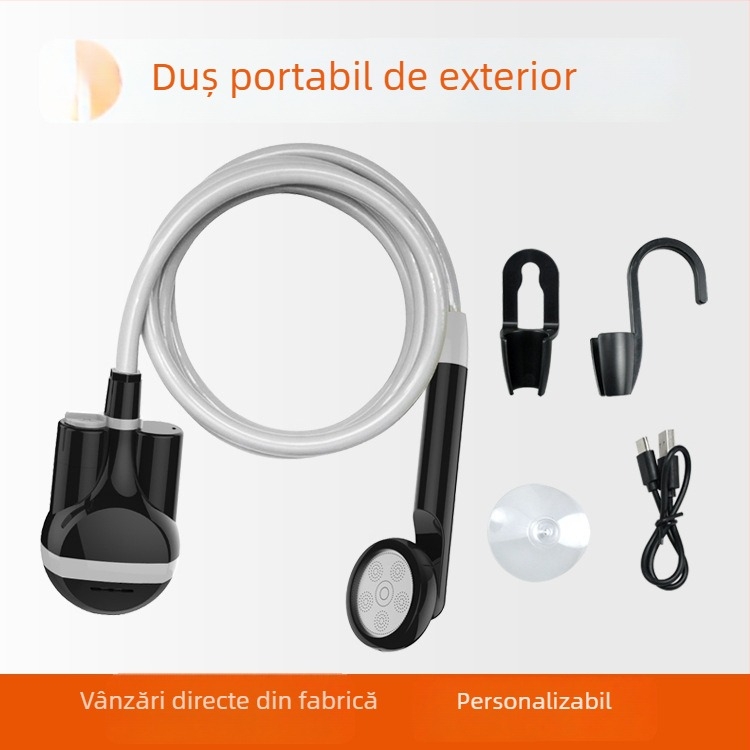 Duș exterior portabil cu cap de duș cu întrerupător, pentru camping și cămine, baterie încorporată 2200mAh, furtun PVC 1,8 m, ABS