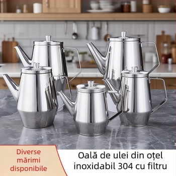 Sticluță de ulei din oțel inoxidabil pentru bucătărie, cu filtru, anti-stropire, cioc lung, recipient pentru sos de soia și oțet
