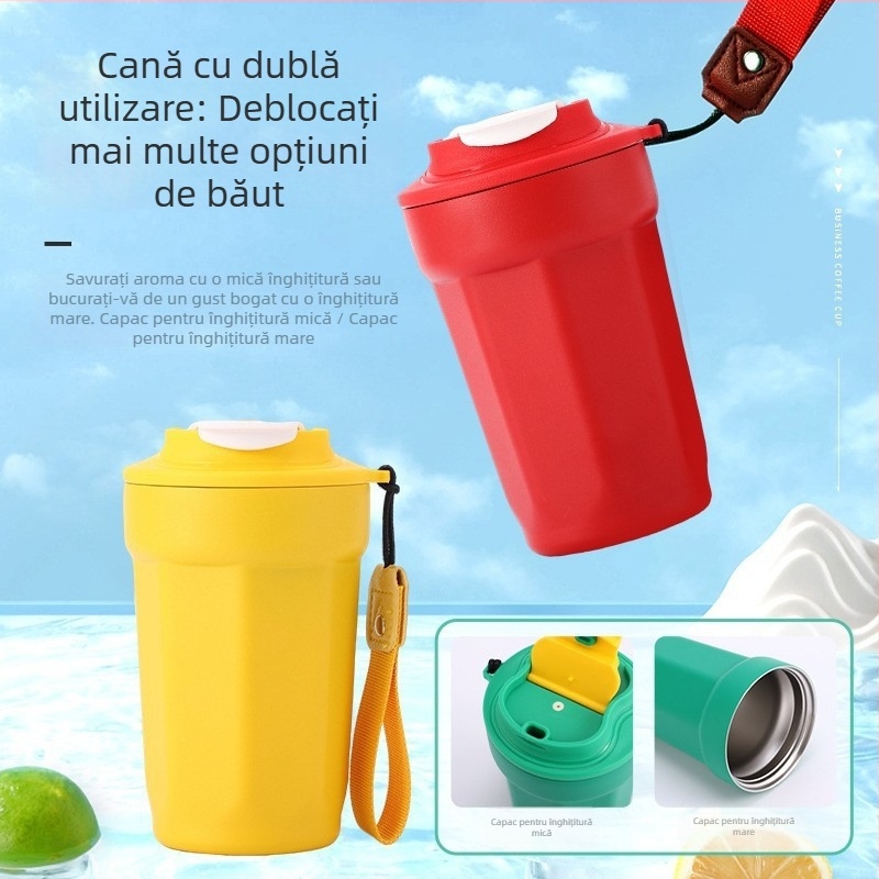 Cană de cafea octagonală din oțel inoxidabil 316, cu șnur de purtare, izolație termică, portabilă