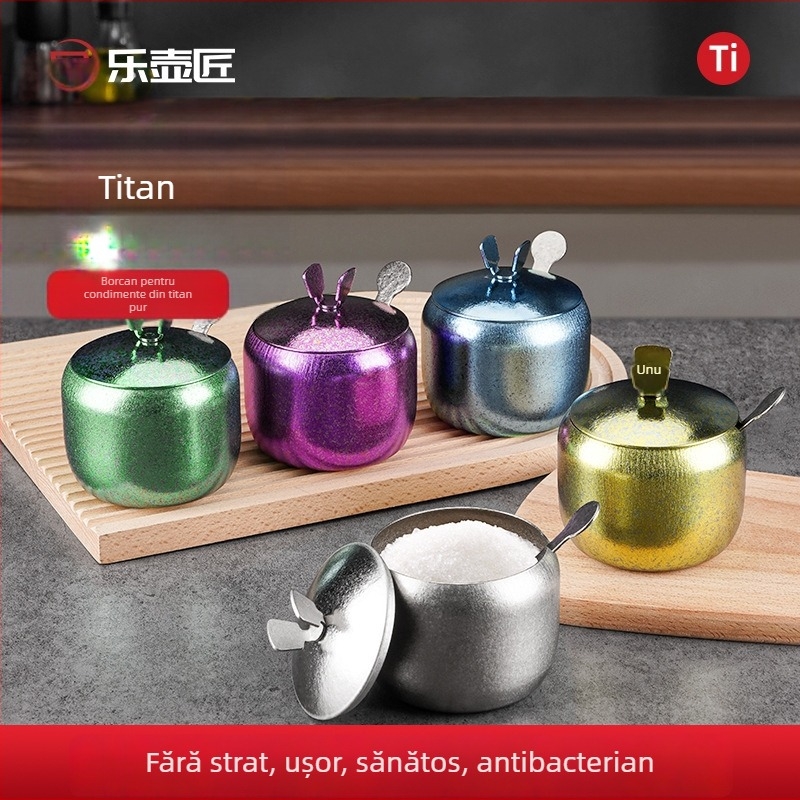 Borcan pentru condimente din titan, cu linguriță – antibacterian, rezistent la umezeală, depozitare în bucătărie