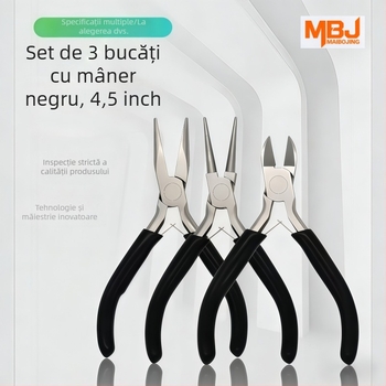 Set de trei clești anti-rugină de 4,5 inch: clește cu nas ascuțit, nas înclinat și nas rotund, mânere negre, clește pentru bijuterii, lucrat manual