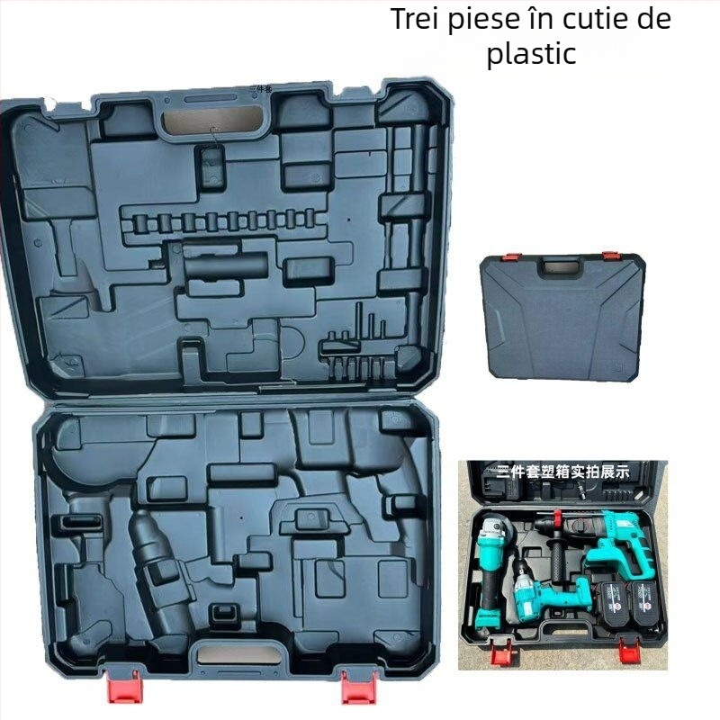 Set de scule în cutie din plastic, format din patru piese: ciocan rotopercutor, bormașină cu acumulator, cheie cu impact electric, polizor unghiular