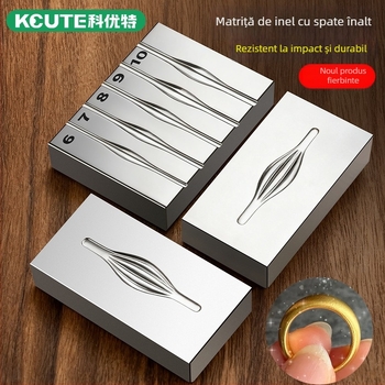 Matriță din oțel cu caneluri pentru inele, formă arcuită, pentru fabricarea bijuteriilor; inele simple din aur și argint; unealtă de ștanțare din fier pentru mai multe inele