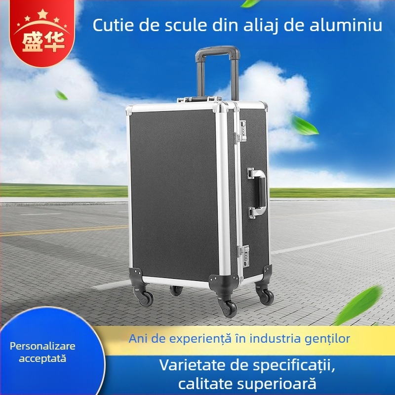 Cutie de scule din aluminiu, cu roți și mâner telescopic, capacitate mare, încuietoare cu combinație, cutie pentru instrumente și întreținere