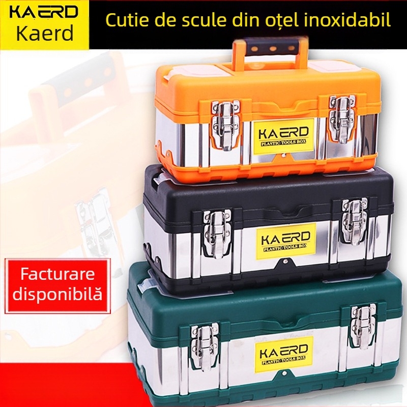 Cutie de unelte din oțel inoxidabil, cu cadru din ABS, construcție cu două niveluri, pentru uz casnic și în mașină, dimensiuni 400x210x190 mm, sarcină 200 kg